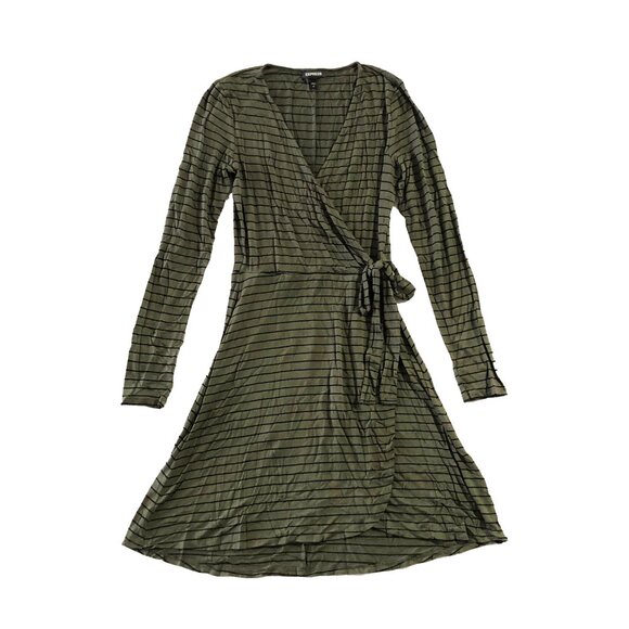 Express Dress Womens Size S Green Black V-Neck Long Sleeve Striped Wrap Style - Picture 2 of 8